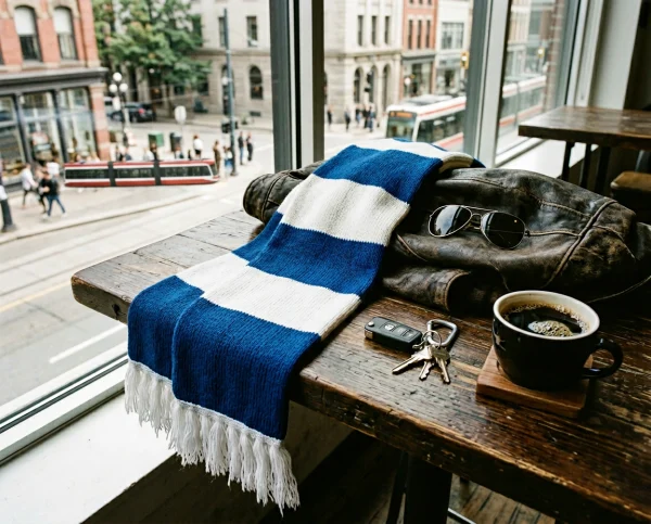 A bold blue and white knit soccer scarf