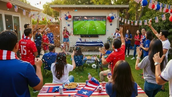 Soccer watch party setup with snacks, drinks, and a big screen showing a match