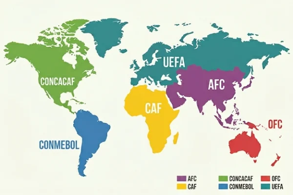 World map showing the six FIFA confederations including CONCACAF, the region the United States competes in.