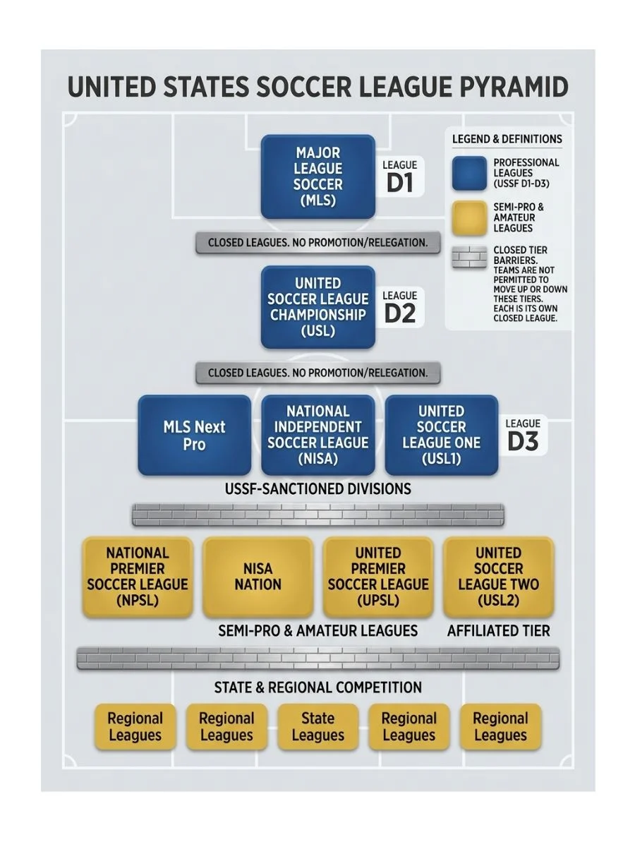 Diagram of the US soccer league pyramid showing unconnected professionl leagues, semi-pro and amateur leagues, and state and regional competition at the base, with closed tier barriers between professional divisions