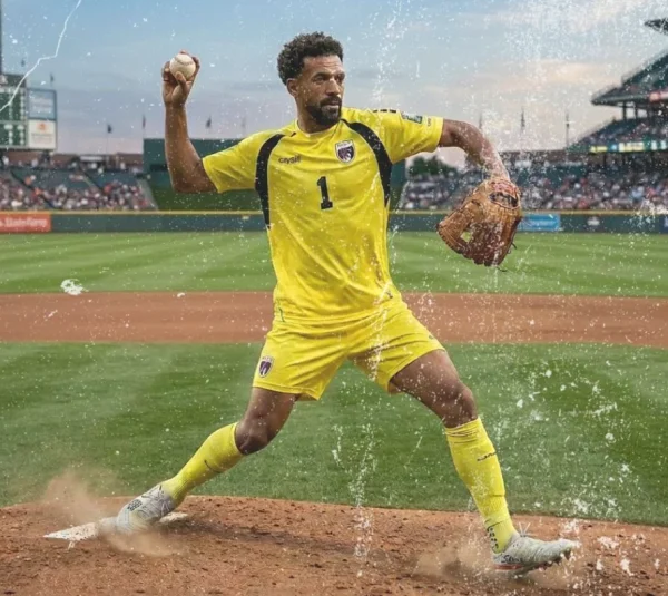 Cape Verde goalkeeper in yellow kit pitching a no-hitter on a baseball mound, illustrating the tension of defending a 0-0 draw at the World Cup.